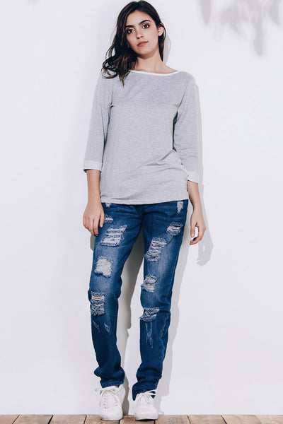 Sweet 3/4 Sleeve Back Bowknot Chiffon Spliced Pullover Sweatshirt For Women