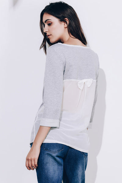 Sweet 3/4 Sleeve Back Bowknot Chiffon Spliced Pullover Sweatshirt For Women