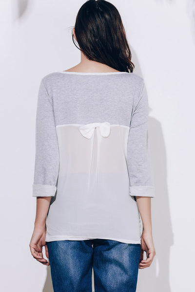 Sweet 3/4 Sleeve Back Bowknot Chiffon Spliced Pullover Sweatshirt For Women