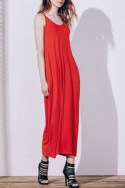 Women Stylish Spaghetti Strap Solid Color Pocket Design Dress