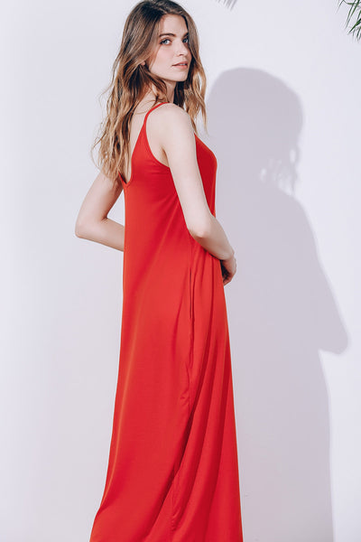 Women Stylish Spaghetti Strap Solid Color Pocket Design Dress