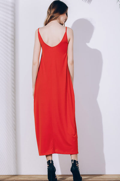 Women Stylish Spaghetti Strap Solid Color Pocket Design Dress