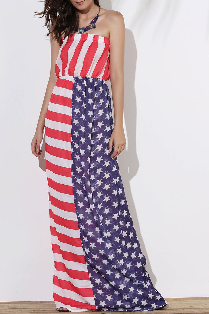 Maxi Patriotic American Flag Strapless Casual Dress