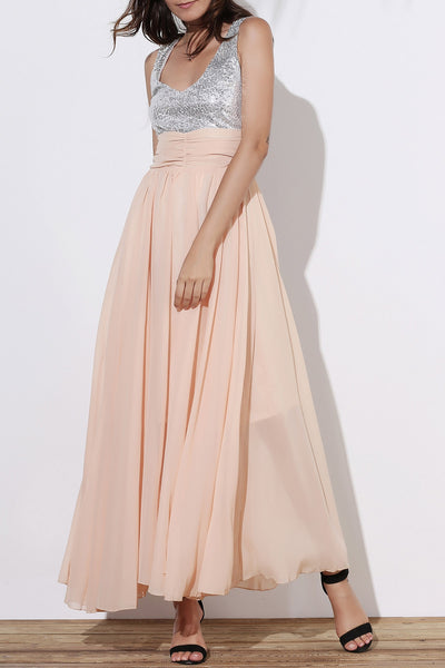 Sequin Empire Waist Chiffon Long Prom Evening Dress