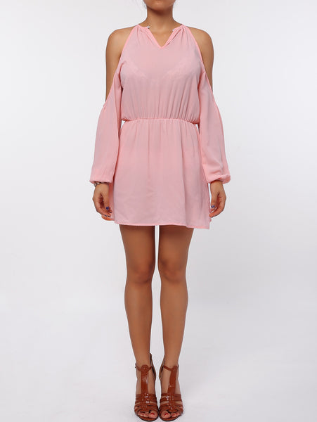 Cold Shoulder Long Sleeve Races Chiffon Pastel Dress