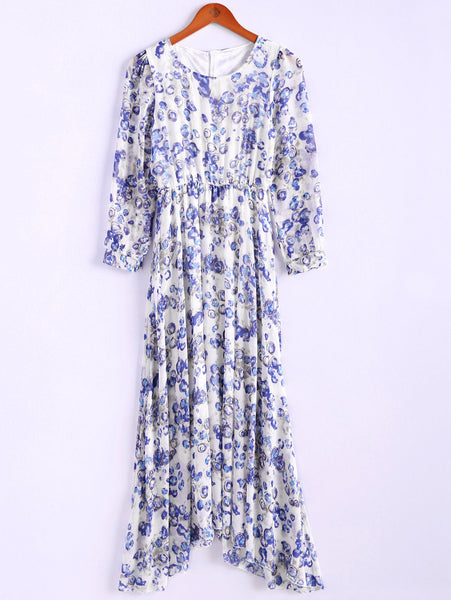 Bohemian Style Round Collar Tiny Floral Print Long Sleeve Chiffon Women's Spring Dress