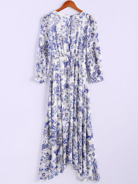 Bohemian Style Round Collar Tiny Floral Print Long Sleeve Chiffon Women's Spring Dress