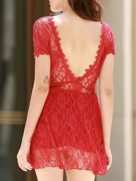 V Neck Backless Short Lace Prom Dress