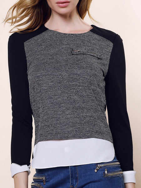 Vintage Round Collar Three Colors Matching Long Sleeves Womne's Blouse