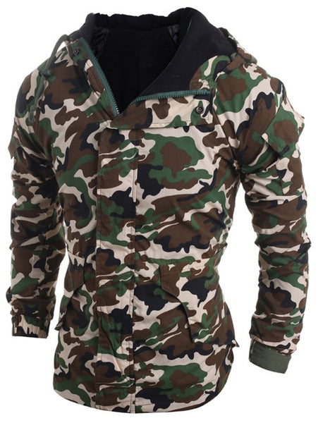 Modish Loose Fit Hooded Multi-Pocket Camo Pattern Long Sleeve Thicken Cotton Blend Coat For Men