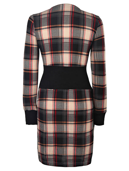 Women Stylish Scoop Neck Long Sleeve Gingham Slimming Dress