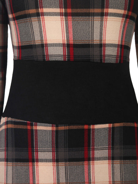 Women Stylish Scoop Neck Long Sleeve Gingham Slimming Dress