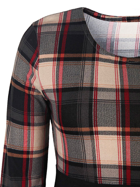 Women Stylish Scoop Neck Long Sleeve Gingham Slimming Dress