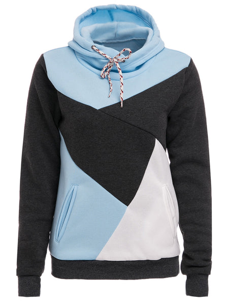 Chic Hooded Long Sleeve Color Block Pocket Design Women's Hoodie