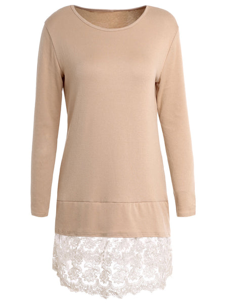 Sweet Round Collar Laced Long Sleeve Dress For Women