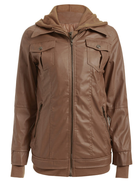 Flap Pockets Hooded Faux Leather Jacket