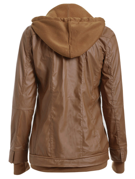 Flap Pockets Hooded Faux Leather Jacket