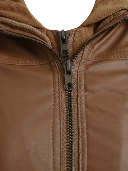 Flap Pockets Hooded Faux Leather Jacket