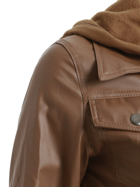 Flap Pockets Hooded Faux Leather Jacket