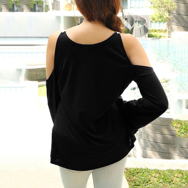 Cold Shoulder Lace Panel Color Block T-Shirt with Long Sleeve