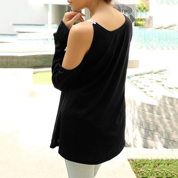 Cold Shoulder Lace Panel Color Block T-Shirt with Long Sleeve
