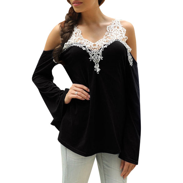 Cold Shoulder Lace Panel Color Block T-Shirt with Long Sleeve