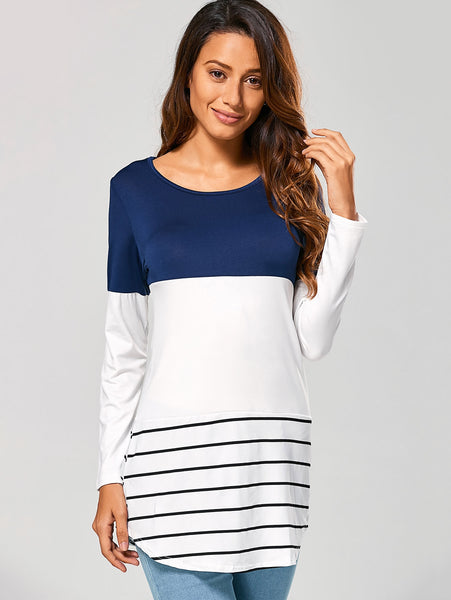 Women Striped Lace Panel Long Sleeve T-shirt