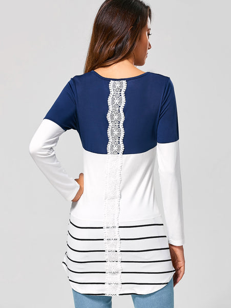 Women Striped Lace Panel Long Sleeve T-shirt