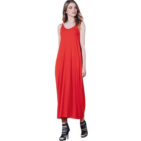 Women Stylish Spaghetti Strap Solid Color Pocket Design Dress