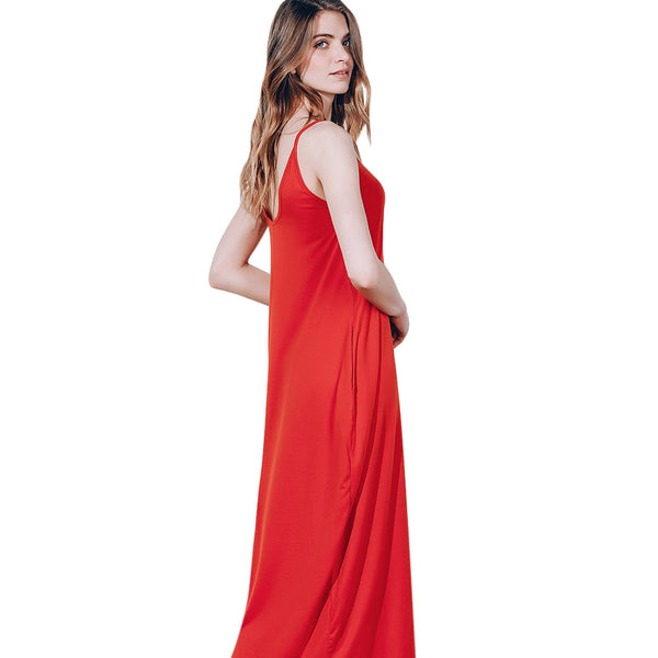 Women Stylish Spaghetti Strap Solid Color Pocket Design Dress