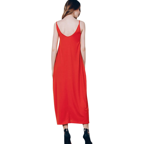 Women Stylish Spaghetti Strap Solid Color Pocket Design Dress