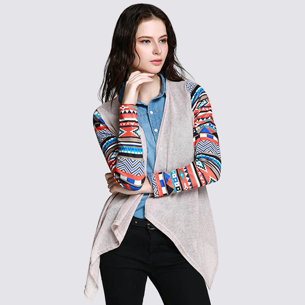 Printed Collarless Open Front Asymmetric Cardigan