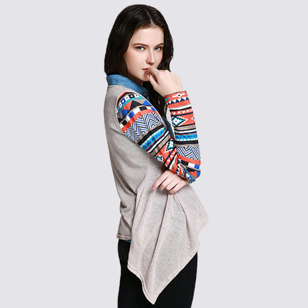 Printed Collarless Open Front Asymmetric Cardigan