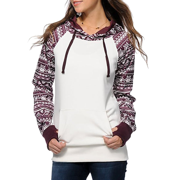 Chic Long Sleeve Geometrical Hooded Color Block Hoodie for Women