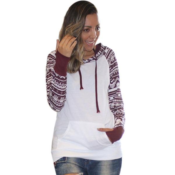 Chic Long Sleeve Geometrical Hooded Color Block Hoodie for Women