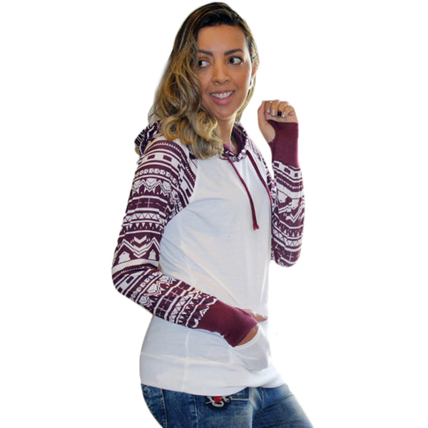 Chic Long Sleeve Geometrical Hooded Color Block Hoodie for Women