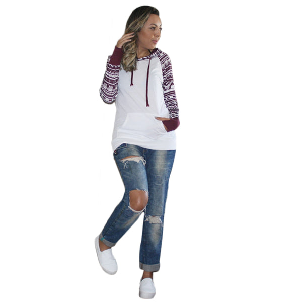 Chic Long Sleeve Geometrical Hooded Color Block Hoodie for Women