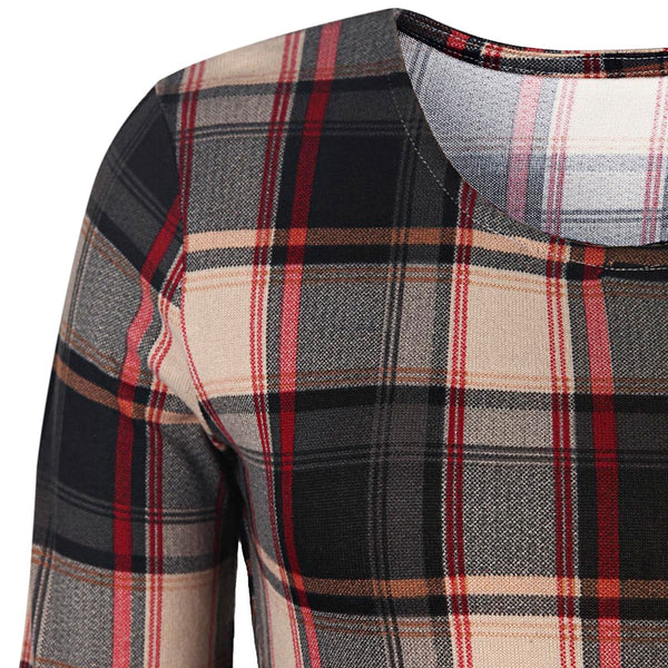 Women Stylish Scoop Neck Long Sleeve Gingham Slimming Dress