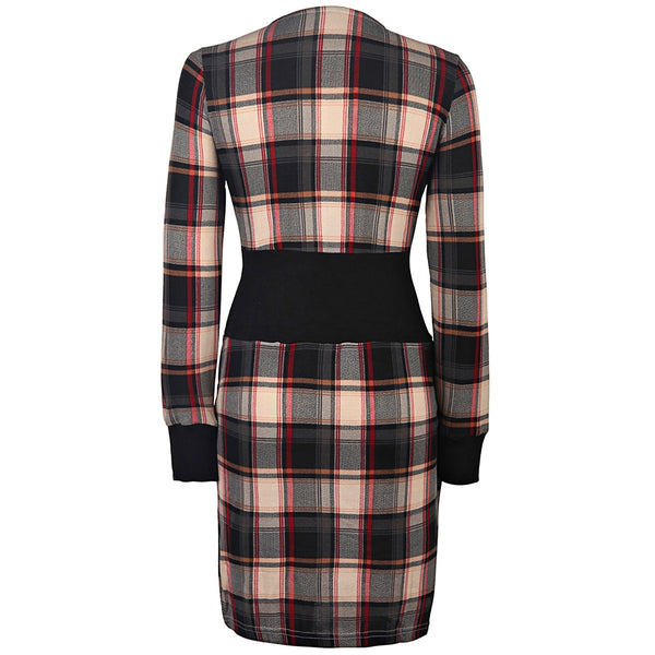 Women Stylish Scoop Neck Long Sleeve Gingham Slimming Dress