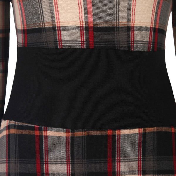 Women Stylish Scoop Neck Long Sleeve Gingham Slimming Dress