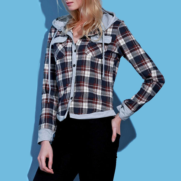 Stylish Hooded Long Sleeve Gingham Single-breasted Women Blouse