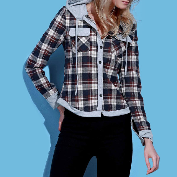 Stylish Hooded Long Sleeve Gingham Single-breasted Women Blouse