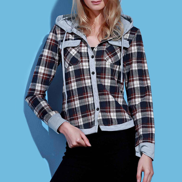 Stylish Hooded Long Sleeve Gingham Single-breasted Women Blouse