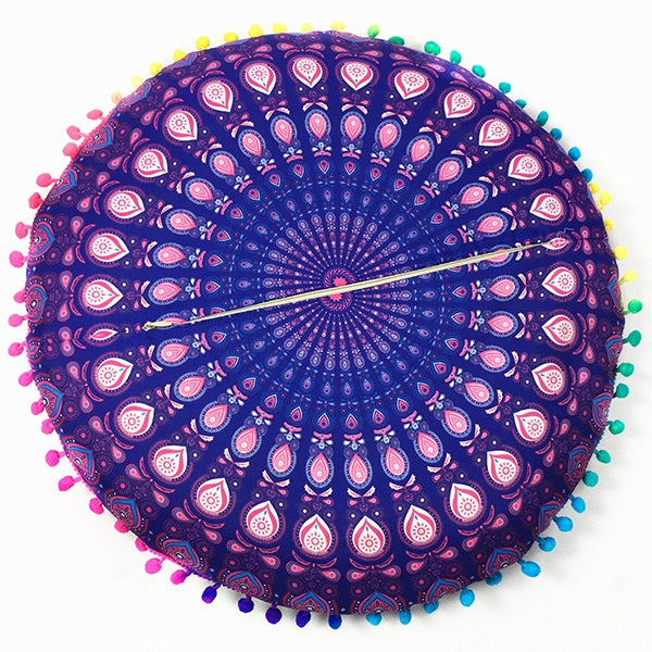 Sofa Mandala Feather Print Pompon Round Floor Cushion Pillow Case