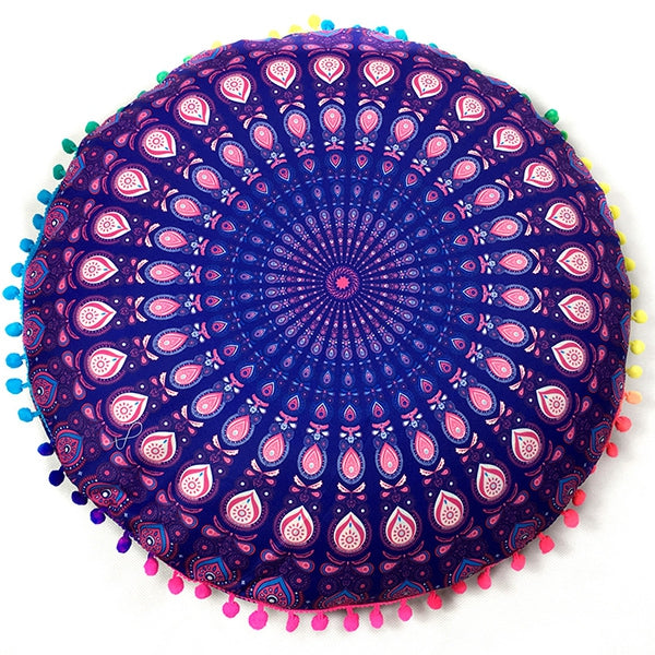 Sofa Mandala Feather Print Pompon Round Floor Cushion Pillow Case
