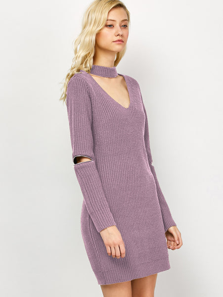 Choker Neck Short Sheath Fitted Sweater Dress