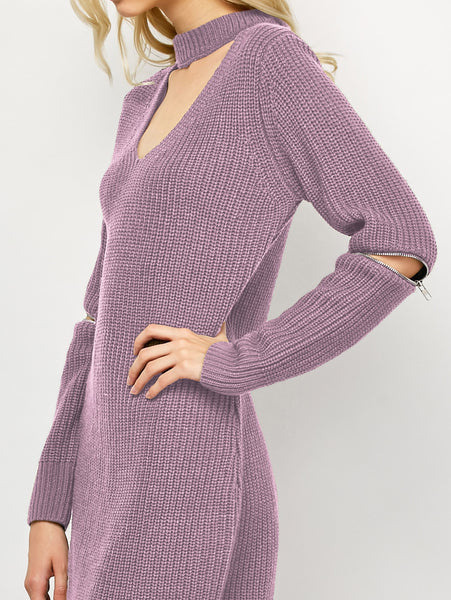 Choker Neck Short Sheath Fitted Sweater Dress