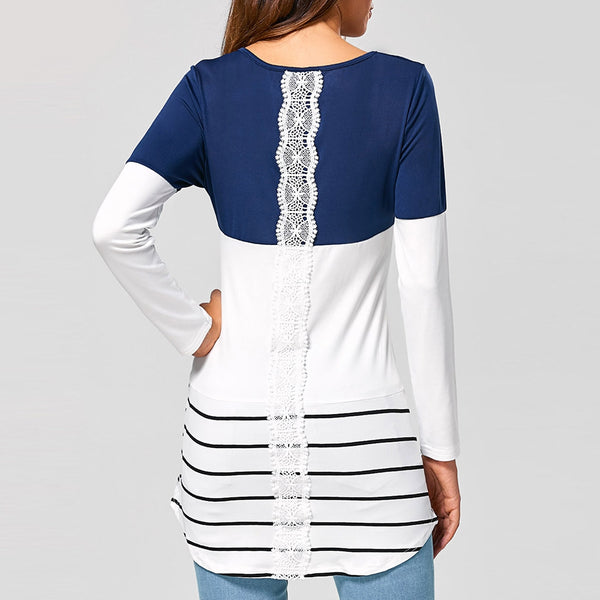 Women Striped Lace Panel Long Sleeve T-shirt