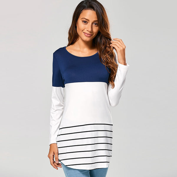 Women Striped Lace Panel Long Sleeve T-shirt