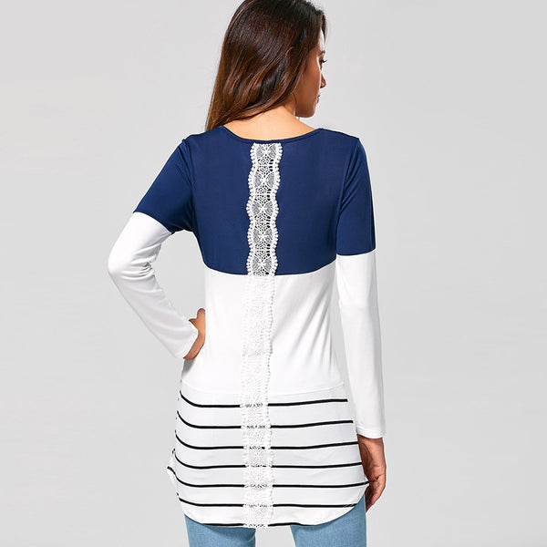 Women Striped Lace Panel Long Sleeve T-shirt